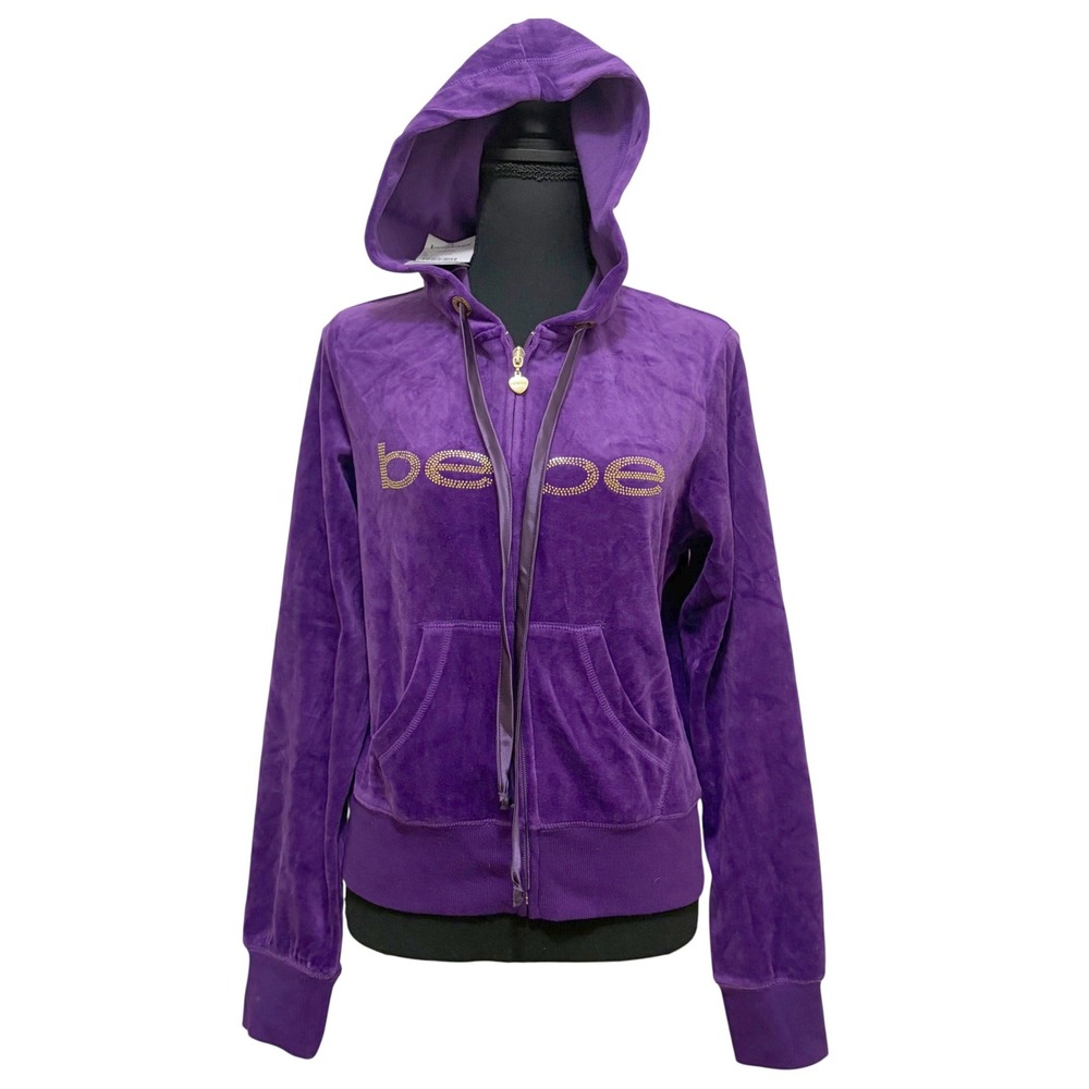 NEW Bebe Cropped Velour Hoodie Sweatshirt S M L Purple Rhinestone Vintage Y2K